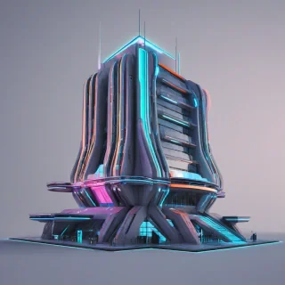A sleek, futuristic sci-fi building with a metallic and glass exterior, illuminated by neon lights, set against a plain white background, with a wide-angle shot, showcasing the building's unique architecture and design, in a digital art style with vibrant colors and sharp lines, full-body view of the building with its base and top visible, with a sense of depth and dimensionality, with several similar sleek and futuristic buildings in the background, on a plain white background, even lighting