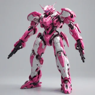 A pink, full-body, futuristic mecha, with a wide shot, on a plain white background, with a metallic sheen, and bright pink accents, in a digital art style, with dynamic shadows and a hard rim light, on a plain white background, even lighting 