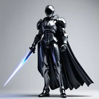 A futuristic human in grey-blue battle armor, with a sci-fi shield on the left arm, an energy blade on the right arm, a flowing black cape, and professional lighting to make the model pop.