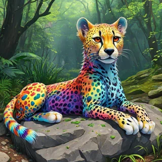 Digital anime art of a rainbow cheetah with multicolored, swirly spots, laying on a rock, in a vibrant anime forest