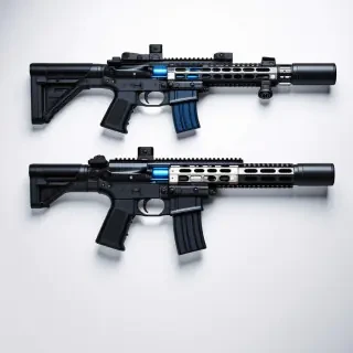 A sleek, metallic rifle with a predominantly silver and matte black finish, with glowing blue accents, and a unique, ergonomic design, with a suppressor attached to the muzzle and a scope on top, a textured fore grip on the front, and a drum magazine attached to the side, set against a plain white background, in a wide shot with the rifle's entire length visible, including the stock and barrel, with a shallow depth of field to blur the background.