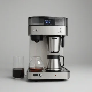 A sleek, modern drip coffee maker with a stainless steel body and a large, circular water reservoir, sitting on a plain white background, with a wide shot that shows the entire machine, including the carafe and the control panel, in a photorealistic style with soft, natural lighting and subtle shadows, on a plain white background, even lighting 