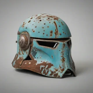 worn, rusted kleos helmet, on a plain white background, even lighting