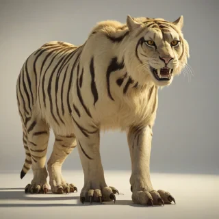A large saber-toothed cat with a thick, creamy yellow coat and dark brown stripes, standing in a wide shot with its feet visible, on a plain white background, with a warm, golden backlight and dynamic shadows, in the style of a digital illustration, with prominent, long white fang teeth
