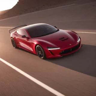 A sleek, cool, red sports car with a shiny finish, viewed from a wide-angle shot, with the entire car visible, including wheels and headlights, on a road in the middle of a desert, in a photorealistic style with dynamic shadows and a subtle backlight