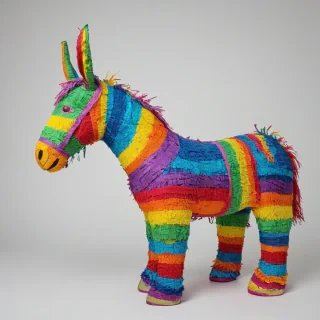 rainbow colored donkey pinata, bright colors, wide angle shot, only pinata in the image, on a plain white background, even lighting