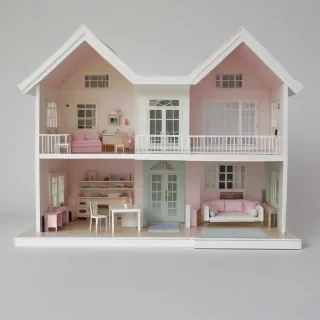 A highly detailed, full-body view of a Barbie doll house with a modern, minimalist architectural style, pastel color scheme, and a wide shot that captures the entire house, including the front door, windows, and roof, on a plain white background, with soft, natural lighting and subtle shadows, in the style of digital illustration, on a plain white background, even lighting 