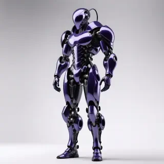 a full-body view of a singular, intricately designed piece of biopunk armor, with a predominantly purple color scheme, metallic and organic components blended together, on a plain white background, with a wide-angle shot, and dramatic lighting