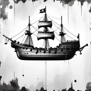 A weathered, grunge aesthetic, full-body view, wide shot of a silver ship with visible anchors and ropes, set against a plain white background with a distressed, worn texture and a dark, muted color palette, featuring a jolly roger flag on the middle mast.
