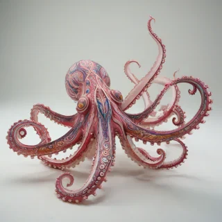 A colorful, baroque-style, full-body view of an underwater creature, with intricate details and patterns, resembling a cross between a fish and an octopus, set against a plain white background, with dynamic lighting and shading to accentuate its features, and a rose-colored hue dominating its body, with visible scales, fins, and tentacles, in a wide-angle shot, on a plain white background, even lighting 