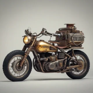 A dieselpunk style vintage motorcycle with a boxcar, in a full-body view, with a distressed metallic finish, set against a plain white background, with a warm, golden lighting and a shallow depth of field, with bold lines and vibrant colors, and a sense of nostalgia and retro-futurism, on a plain white background, even lighting