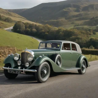 1934 Bentley Derby, sage green, 3:4 view, dramatic low angle, parked on a peaceful country road