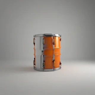 A bright orange traffic drum with a wide base and a cylinder body, standing upright on a plain white background, with a full-body view and the drum's base and top clearly visible, in a digital art style with bold lines and vibrant colors, on a plain white background, even lighting, on a plain white background, even lighting 