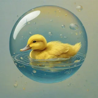 Sam Guay-inspired art of a duckling in a vibrant iridescent bubble filled 1/4 with water, with a bright yellow body, small yellow beak, and yellow feet floating on the water's surface, surrounded by a subtle gradient of pale blue and soft yellow hues.