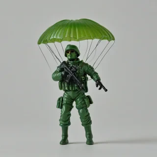 plastic green paratrooper, on a plain white background, even lighting