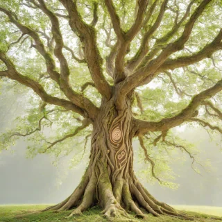 A majestic, full-body view of an enchanted tree with a khaki-colored trunk, sprawling branches, and a mix of bare and vibrant green leaves, set against a plain white background, with intricate, glowing runes etched into the bark, and soft, ethereal lighting, in a fantasy style, reminiscent of a mystical forest, with a wide-angle shot, and a sense of depth and dimensionality, on a plain white background, even lighting