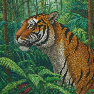 Pointillism of a tiger in a rainforest