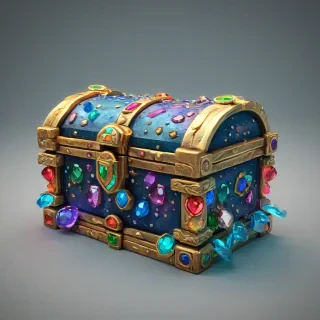 A stylized, chunky galaxy treasure chest with embedded jewels, designed as a fun video game asset, featuring a wide shot with the chest's intricate details and colorful jewels on a plain white background, with a dynamic lighting effect to accentuate its textures and vibrant colors, on a plain white background, even lighting