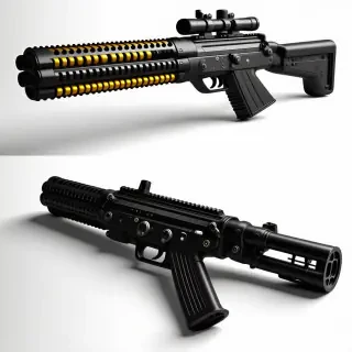 A heavy grenade launcher with a box magazine holding a belt of ammunition, featuring chainsaw style grips on top for the user to hold, in a wide shot with the entire launcher visible, on a plain white background, with a focus on the intricate details of the launcher's mechanism and the texture of the grips, in a realistic and futuristic style, with dynamic shadows and a slight backlight to accentuate the launcher's shape, professional lighting to make the model pop