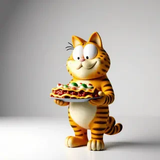 Garfield holding a lasagna