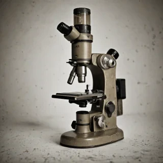A vintage, khaki-colored microscope, with a grunge aesthetic, featuring worn, metallic accents and a distressed finish, on a plain white background, in a wide shot with the entire microscope visible, including the base and stage, with a shallow depth of field to emphasize the textures and details of the equipment, in the style of a high-contrast, black and white photograph, on a plain white background, even lighting 