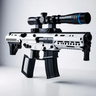 A sleek, metallic, futuristic rifle with a white and black finish, glowing blue accents, and a unique, ergonomic design, with a suppressor attached to the muzzle and a scope on top, set against a plain white background, in a wide shot with the rifle's entire length visible, including the stock and barrel, with a shallow depth of field to blur the background.