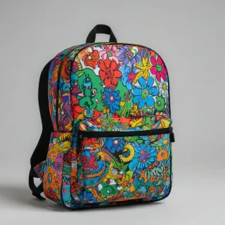 pop art colored backpack, on a plain white background, even lighting