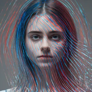 a young woman visualized as a Spectral Diffraction Portrait, where light separates into prismatic bands. Edge distortions emphasize blue and red fringing, creating an ethereal aura reminiscent of light passing through
