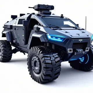 A futuristic combat vehicle with metallic treads and a large, dome-shaped tesla coil weapon on top, set against a plain white background, in a wide shot with the vehicle's entire body visible, including its front, sides, and rear, with a dark, muted color scheme and neon blue accents, in a digital art style with sharp lines and detailed textures