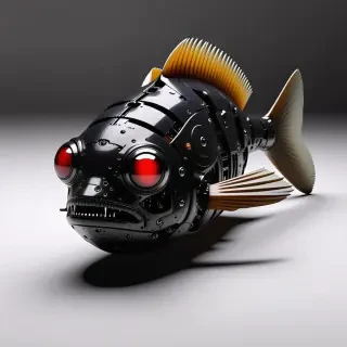 robotic zombie fish with bulging red eyes