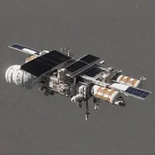 A highly detailed, photorealistic space station, named Peach, with a metallic surface and a series of solar panels, set against the inky blackness of space, with a few stars visible in the background, full-body view, wide shot, plain white background, on a plain white background, even lighting