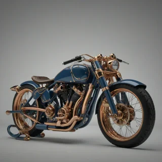 A Steel Blue, dieselpunk-themed, futuristic motorcycle, with brass accents and exposed copper pipes, in a wide shot, full-body view, on a plain white background, with dynamic shadows and a slight backlight, in the style of a highly detailed digital illustration, on a plain white background, even lighting 