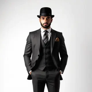 man wearing grey three piece suit and bowler hat