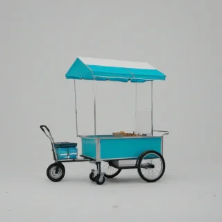 A street vendor, with a cyan colored cart, in a minimalist setting, wide shot, with the vendor's feet visible, on a plain white background, in a digital art style, with simple lines and shapes, and a focus on negative space, on a plain white background, even lighting 