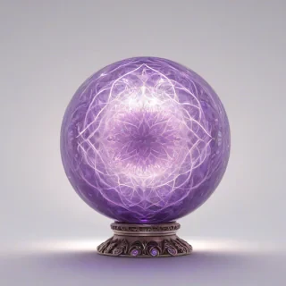 A mystical, glowing, purple crystal orb, with intricate, swirling patterns, in a wide shot, full-body view, on a plain white background, with soft, ethereal lighting, and a subtle, shimmering aura, in the style of a digital illustration, with bold lines and vibrant colors