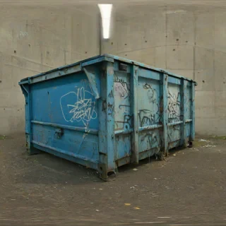 old, blue, steel dumpster with graffiti on the side, wide angle shot, bright lighting, on a plain white background, even lighting