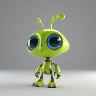 3d cartoon animation, cute baby robot alien, big eyes, rounded features, short body, tiny nose, tiny feet, vivid colors, wide angle shot, feet visible, on a plain white background, even lighting