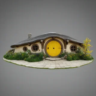 Hobbit house, with bright yellow front door, bright lighting, wide angle shot, on a plain white background, even lighting