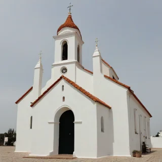exterior of a small church, with white stucco walls, terracotta tiled roof, a tall steeple, only the church in the image, wide angle shot, fully visible, on a plain white background, even lighting