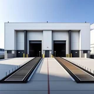 A futuristic refinery building with large bay doors and ramps for materials to be transported through, small doors for humans to enter and exit, surrounded by a short concrete wall, with a plain white background, in a wide shot, with all details of the building visible, including concrete surfaces and industrial textures, in a digital art style with sharp lines and vibrant colors, professional lighting to make the model pop