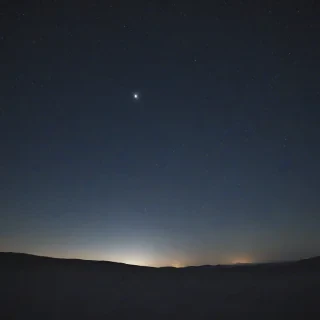 a realistic night sky with a vast array of twinkling stars, a full moon, and a subtle glow of the Milky Way, in a wide-angle shot with the horizon visible, with a dark blue and black color palette, and a sense of depth and dimensionality