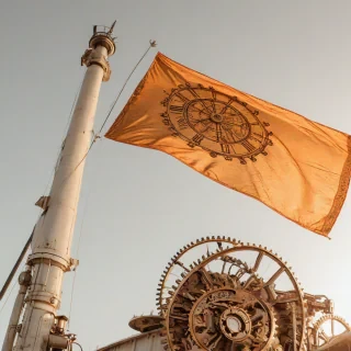 A detailed, steampunk-inspired flag with a predominantly orange color scheme, featuring intricate gears, clockwork mechanisms, and other industrial elements, set against a plain white background, in a wide shot with the entire flag visible, including the flagpole and surrounding environment, with a warm, golden lighting and subtle, dynamic shadows