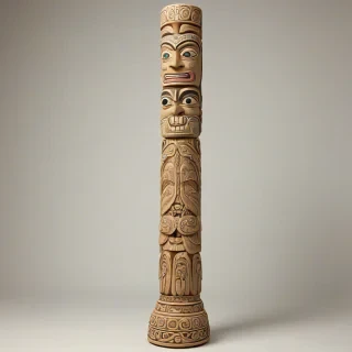 A traditional totem pole, colored in a khaki tone, in an anime style, with intricate carvings and patterns, set against a plain white background, full-body view, with the base and top of the pole visible, in a wide shot, with a soft, warm lighting and subtle shading, digital art style, vibrant and detailed
