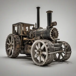 A steam roller, full-body view, on a plain white background, with a wide shot, in a digital art style, with the steam roller's wheels and engine prominently visible, on a plain white background, even lighting, on a plain white background, even lighting 