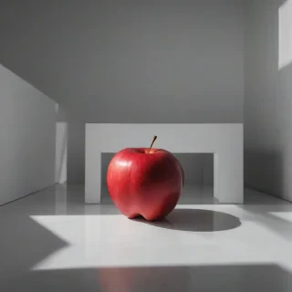 A red apple in a brutalist architectural style, with a wide shot and full-body view of the apple, set against a plain white background, with dramatic lighting and dynamic shadows, in a digital art style with bold lines and geometric shapes