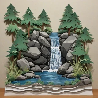 Paper cutout art of a small waterfall with large rocks underneath it