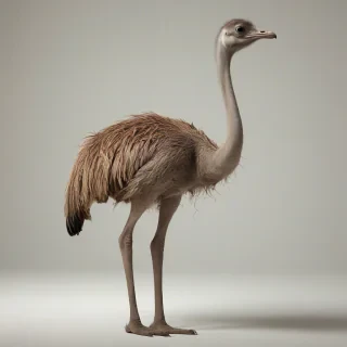 A single ostrich, full-body view, standing on a plain white background, with brown feathers, long neck, and powerful legs, in a wide shot, with soft natural light and subtle shadows, in a digital art style, with bold lines and vibrant colors, on a plain white background, even lighting 