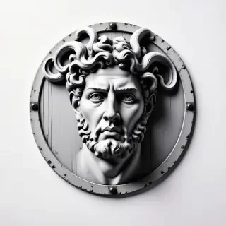 A statue of gorgon head on a Greek shield