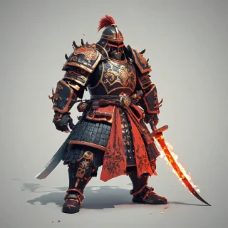 Create a low poly fire samurai. 
The artstyle should be cartoony hd-pixelated and the theme is feudal japan with WH40K elements., on a plain white background, even lighting