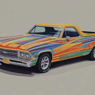 colorful, hand-drawn El Camino car with bold lines, bright lighting, on a plain white background, even lighting